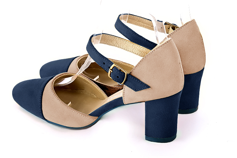 Navy blue and biscuit beige women's open side shoes, with an instep strap. Round toe. Medium block heels. Rear view - Florence KOOIJMAN